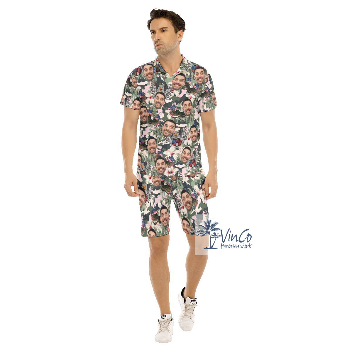 Custom Face American Eagle Gun Hibiscus Hawaiian Shirt And Shorts For Men - variant image 1