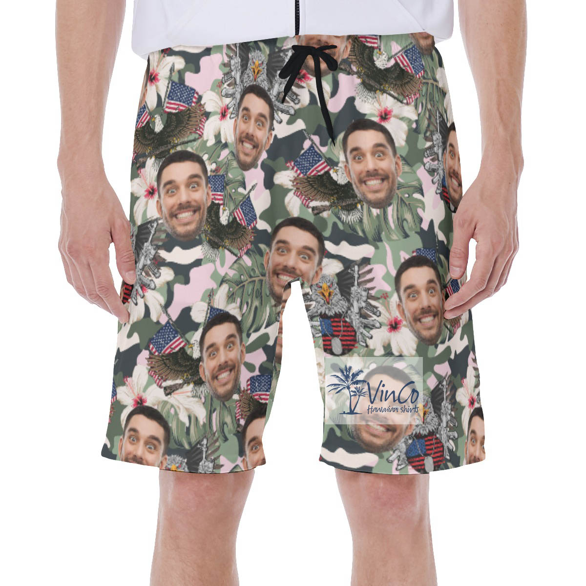 Tactical American Eagle Hibiscus Hawaiian Swim Trunks With Custom Face - variant image 1