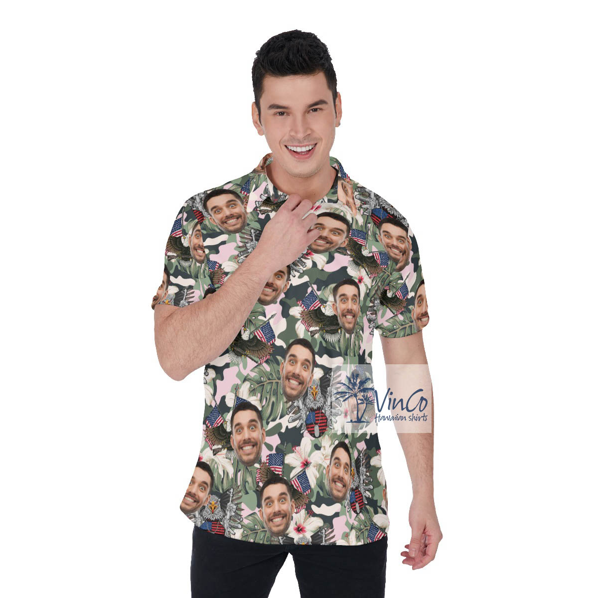 Custom Face American Eagle Hibiscus Hawaiian Polo Shirt - variant image 1