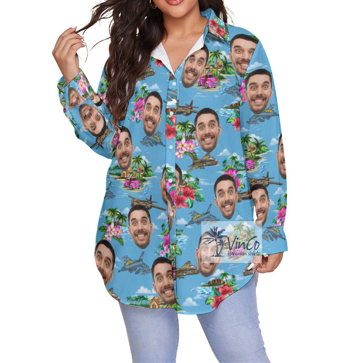 Cool Fighter Planes Tropical Hawaiian Blouse Shirt With Custom Face - variant image 1