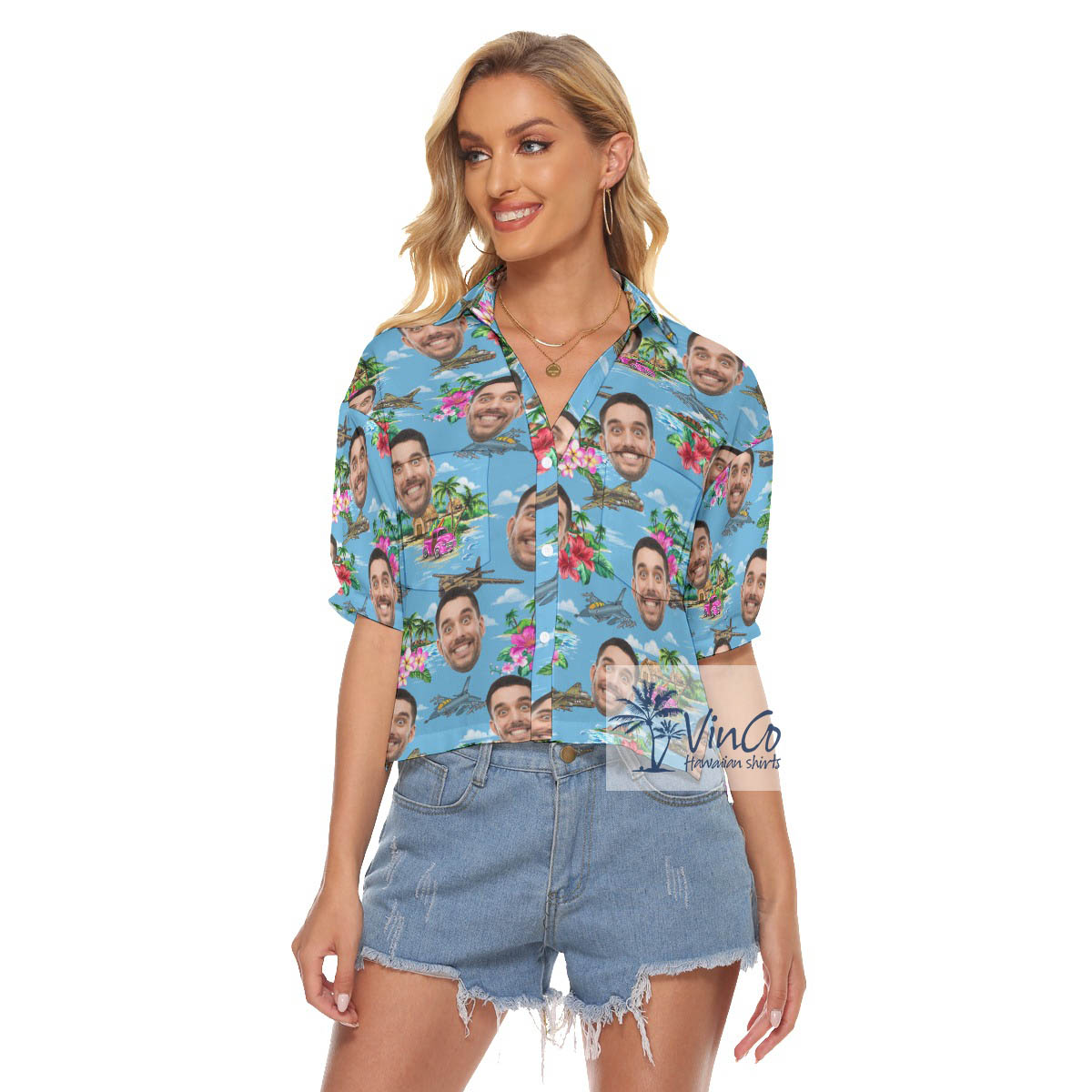 Funny Custom Face Tropical Airplanes Blue Hawaiian Crop Top Shirt - variant image 1