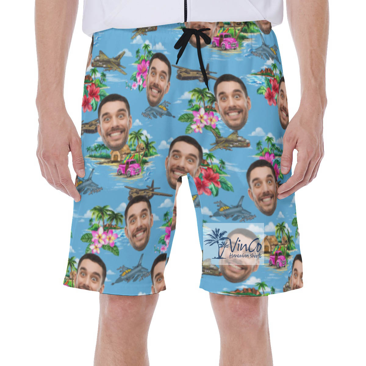 Custom Tropical Fighter Planes Hawaiian Swim Trunks With Face - variant image 1
