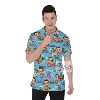 Tropical Islands Airplanes Blue Hawaiian Polo Shirt With Custom Face