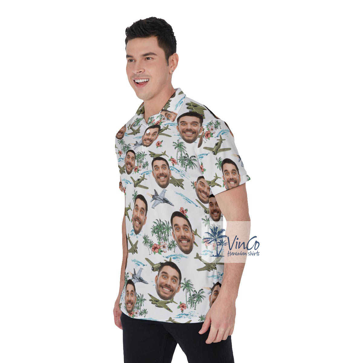Tropical Palm Tree Airplanes Hawaiian Polo Shirt With Custom Face
