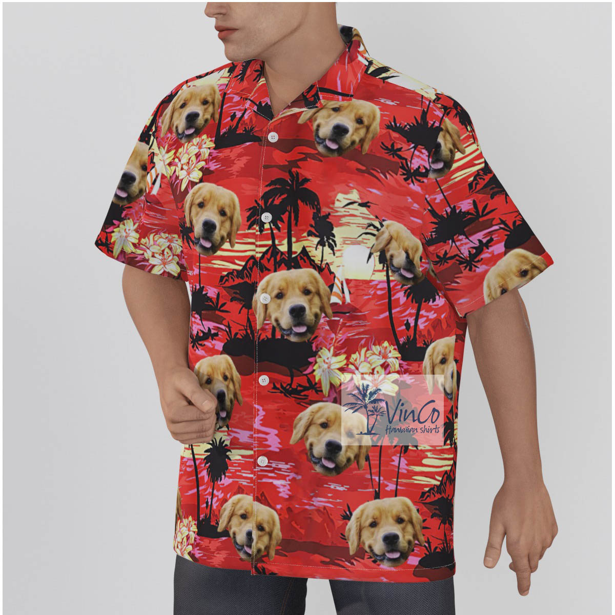 Custom Hawaiian Shirt With Dog Face Red Sunset Beach Theme