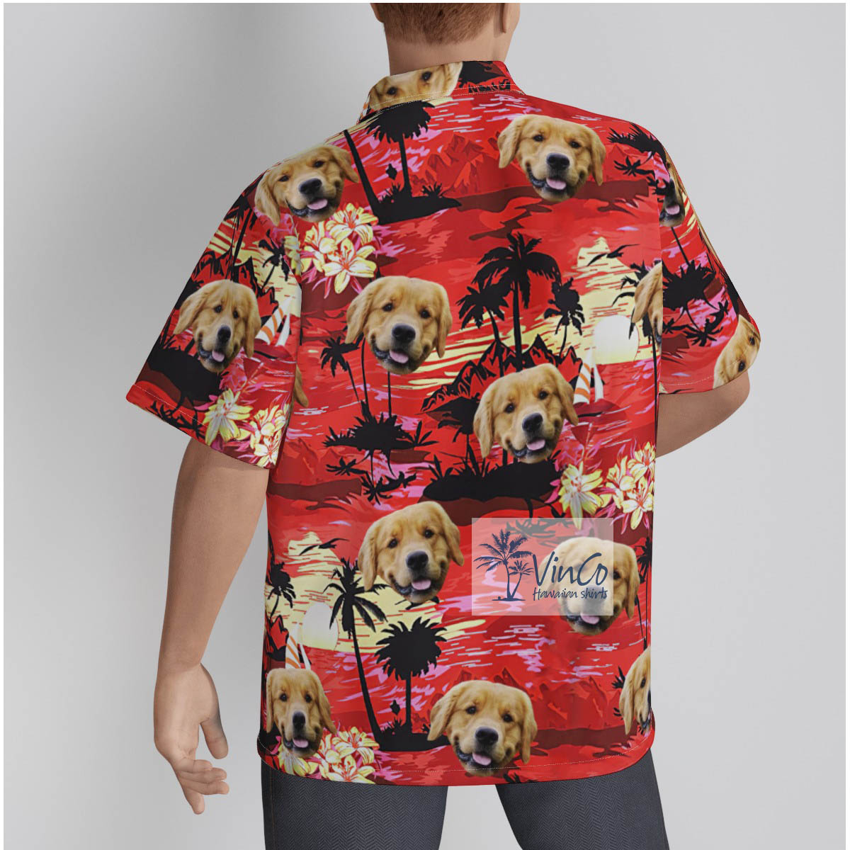Custom Hawaiian Shirt With Dog Face Red Sunset Beach Theme