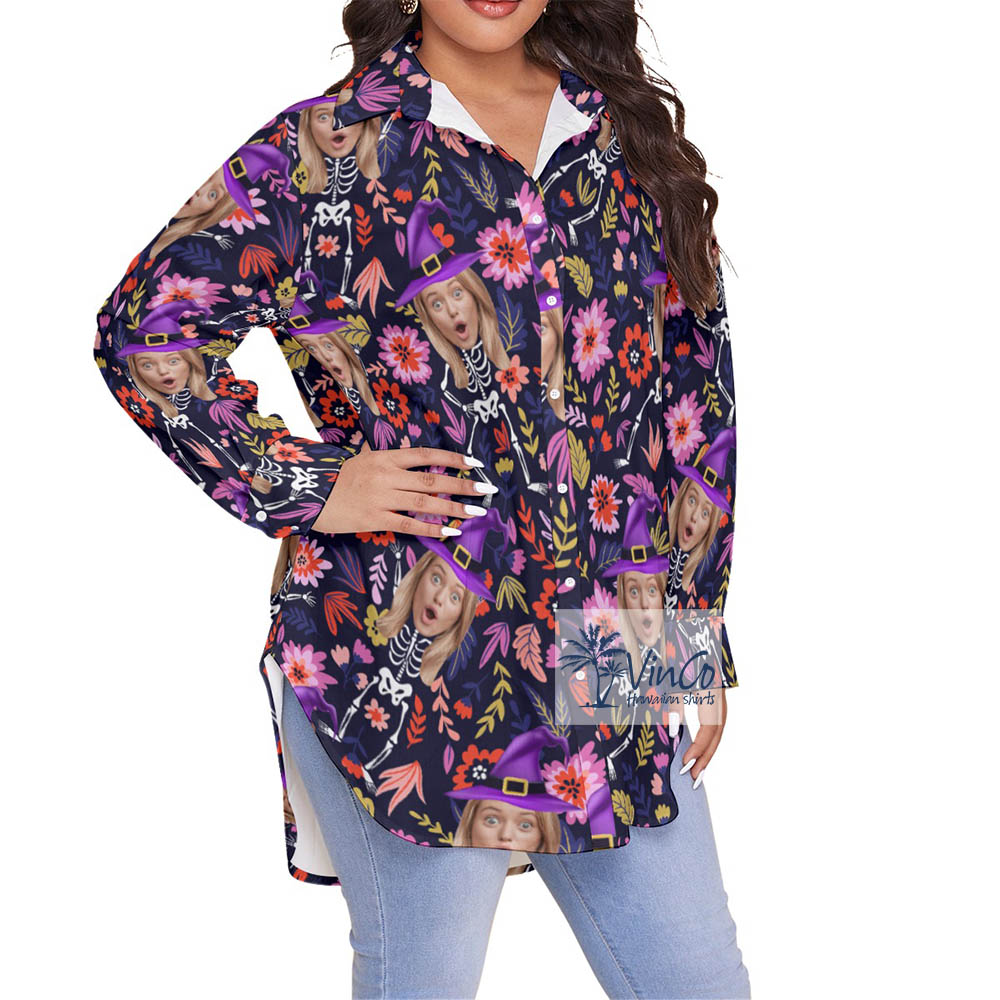 Custom Multiple Face Halloween Witches Plus Size Hawaiian Shirt For Women
