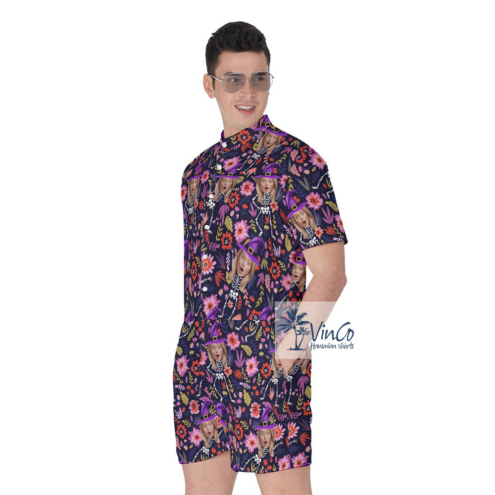 Custom Witch Face Halloween Hawaiian Romper For Men