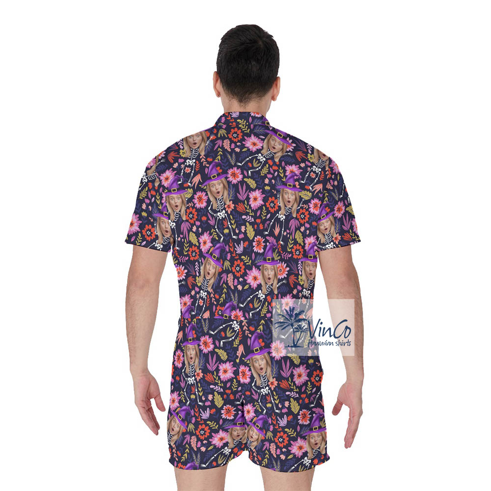 Custom Witch Face Halloween Hawaiian Romper For Men