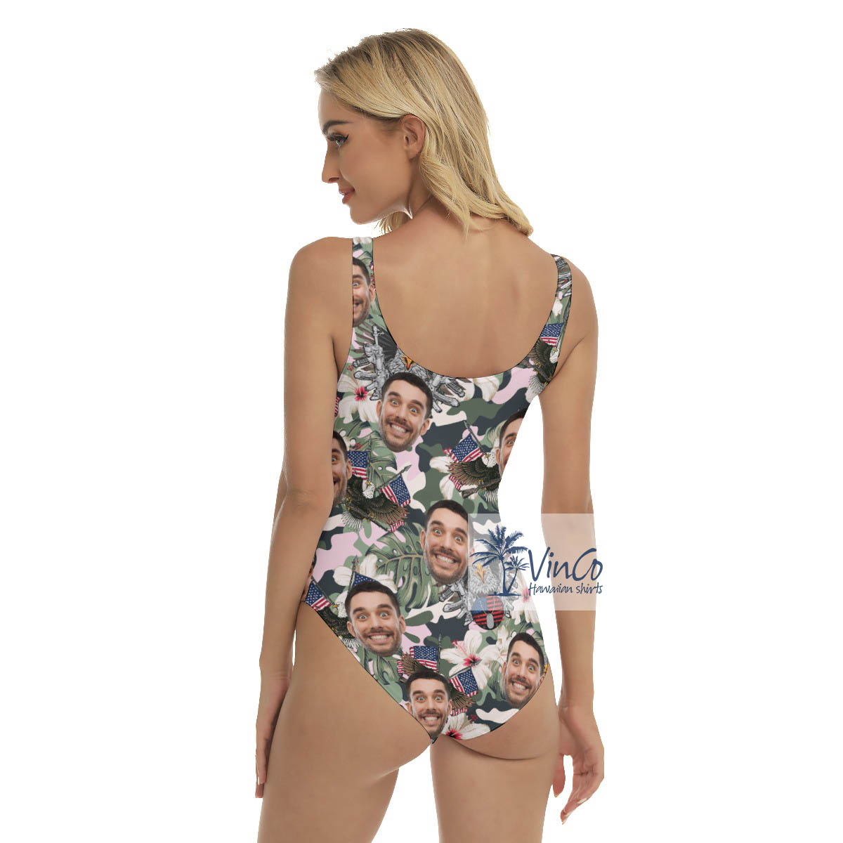 Custom Face American Eagle Gun Hibiscus Hawaiian Swimsuit For Women