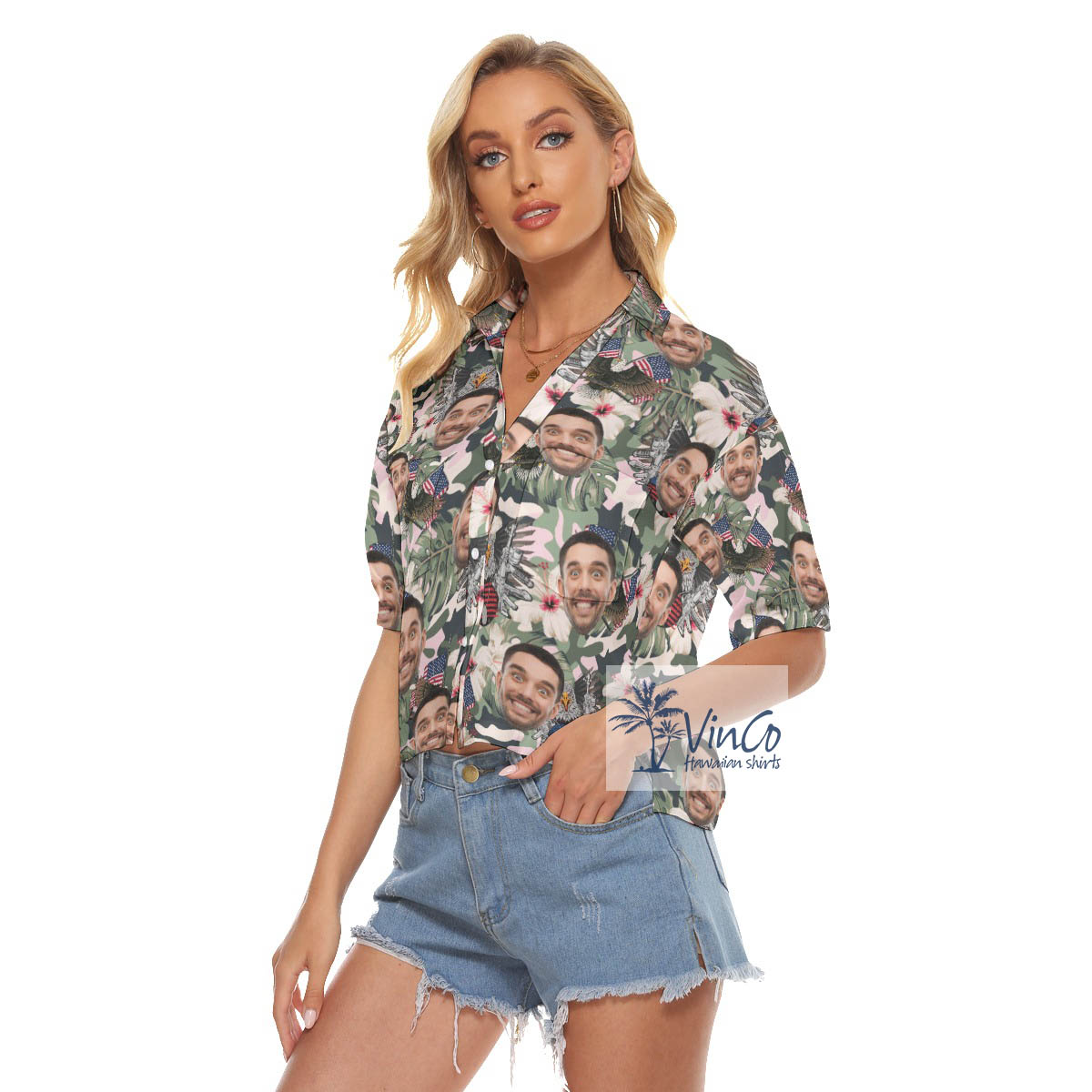 Custom Face American Eagle Gun Hawaiian Crop Top Shirt