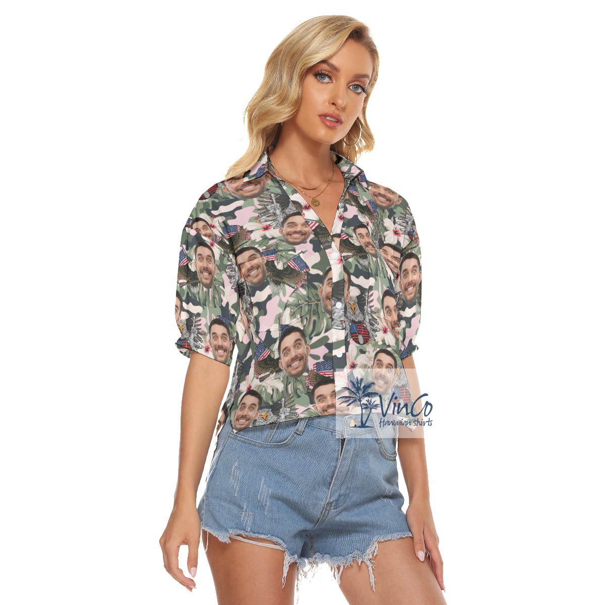 Custom Face American Eagle Gun Hawaiian Crop Top Shirt