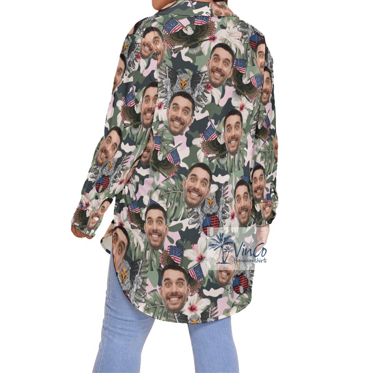 Custom Face American Eagle Tactical Hibiscus Hawaiian Plus Size Shirt