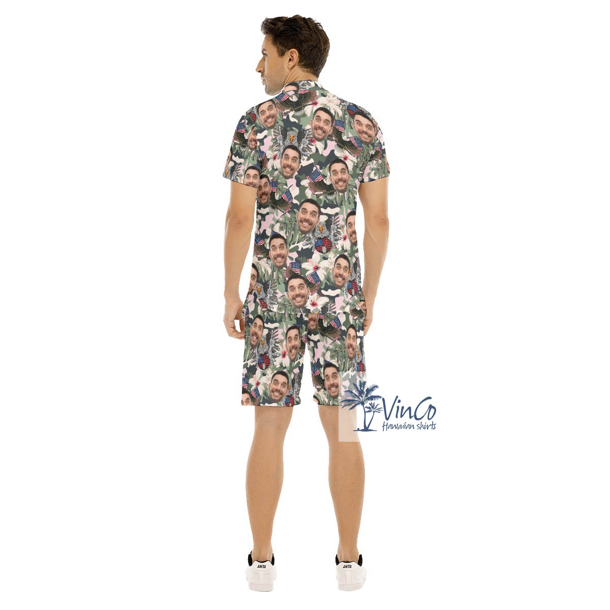 Custom Face American Eagle Gun Hibiscus Hawaiian Shirt And Shorts For Men