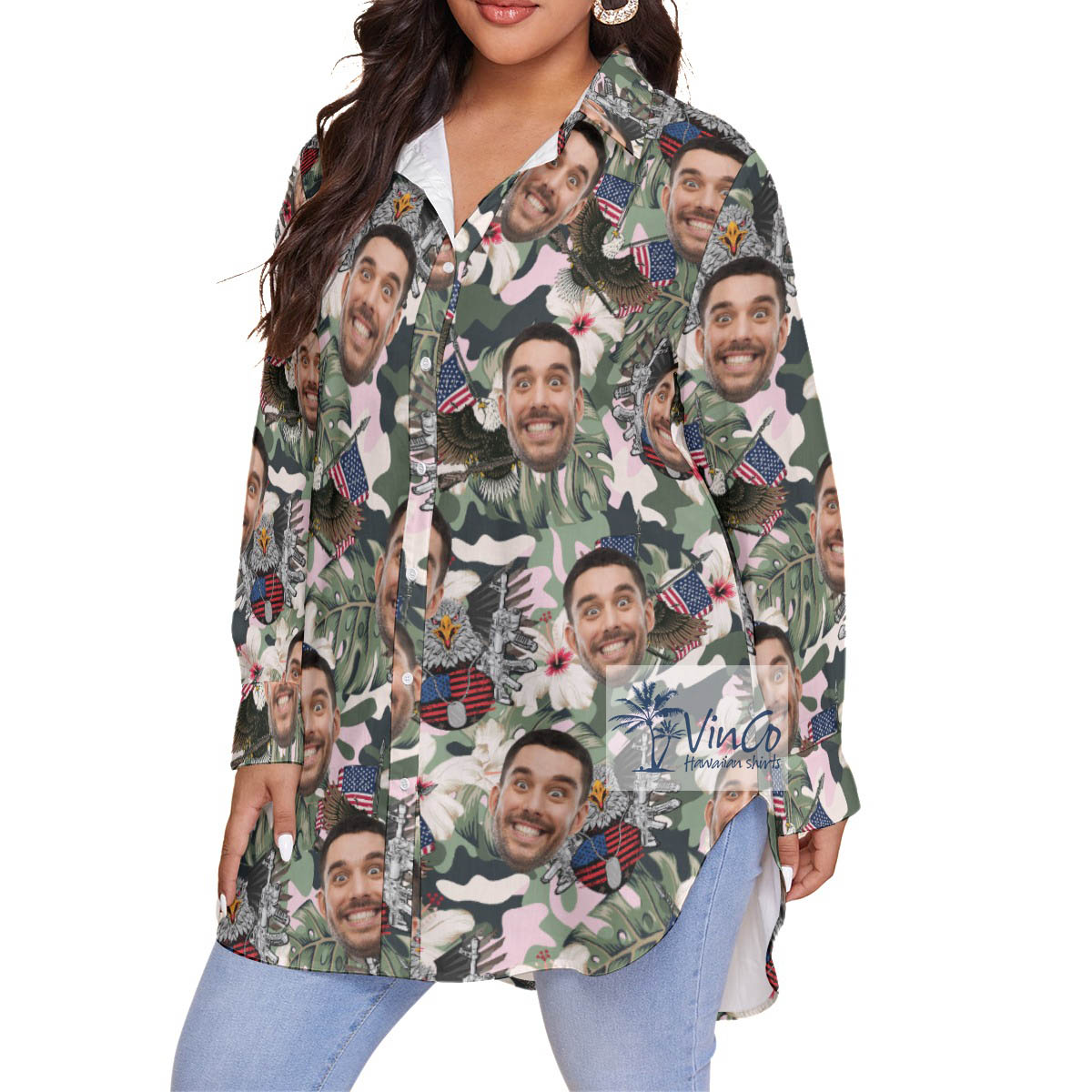Custom Face American Eagle Tactical Hibiscus Hawaiian Plus Size Shirt