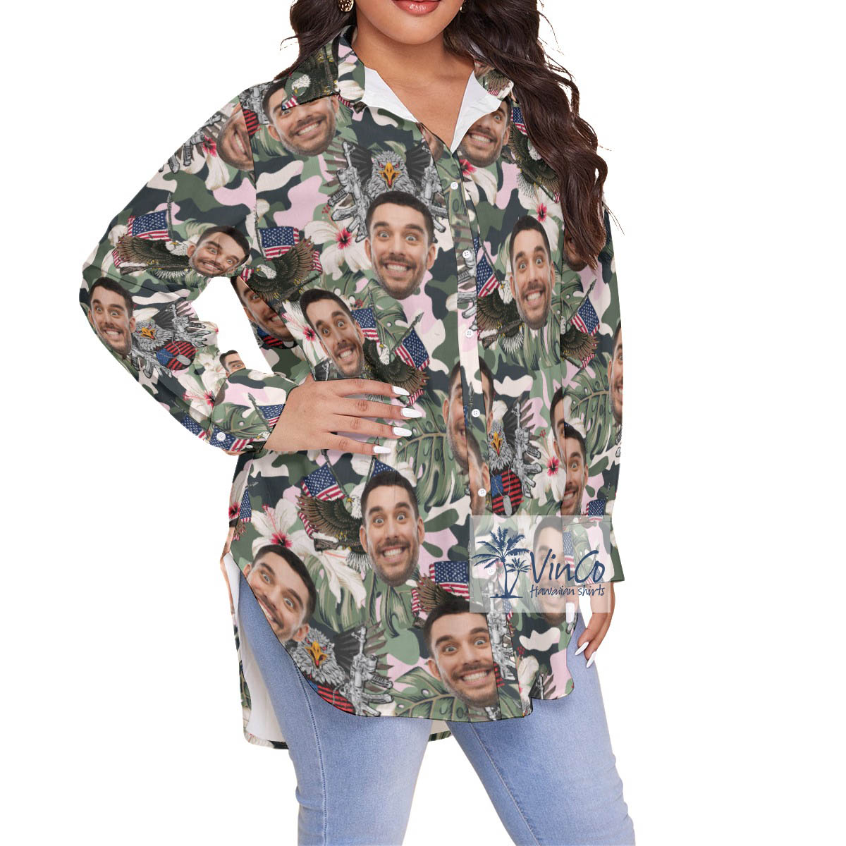 Custom Face American Eagle Tactical Hibiscus Hawaiian Plus Size Shirt