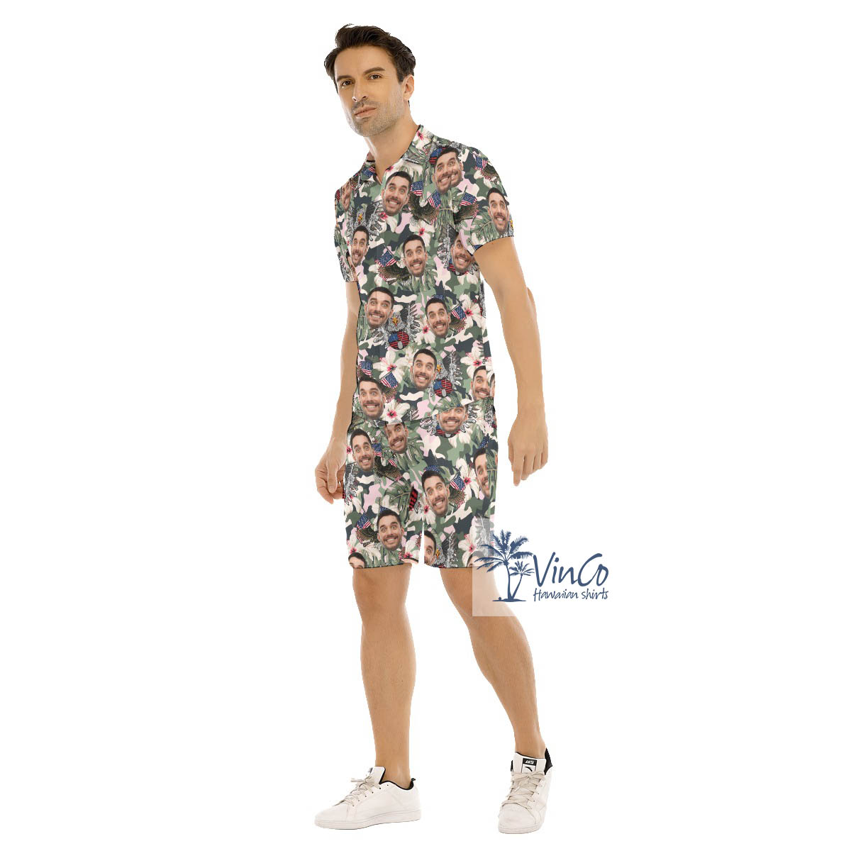 Custom Face American Eagle Gun Hibiscus Hawaiian Shirt And Shorts For Men