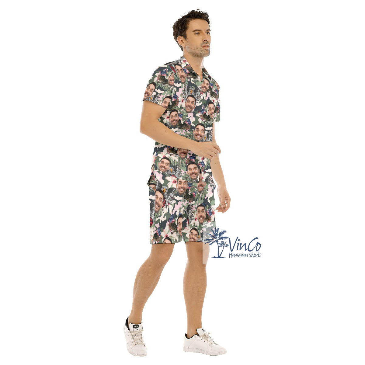 Custom Face American Eagle Gun Hibiscus Hawaiian Shirt And Shorts For Men
