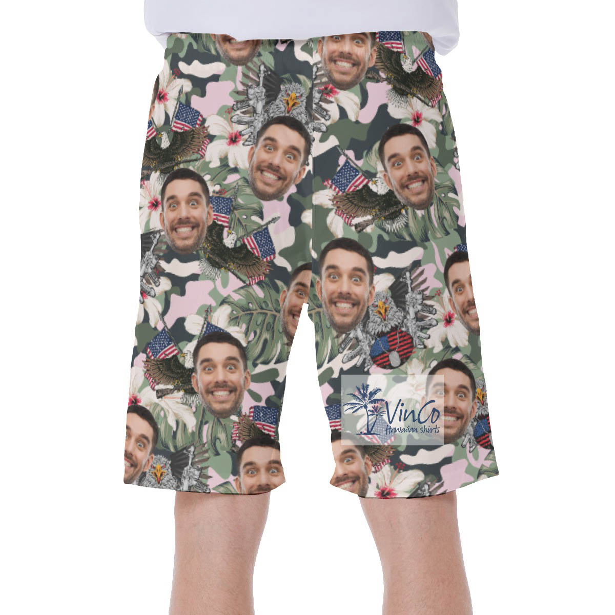 Tactical American Eagle Hibiscus Hawaiian Swim Trunks With Custom Face