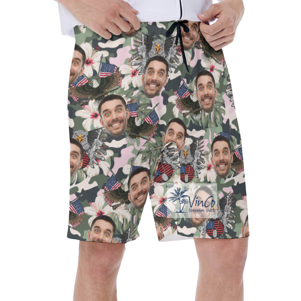 Tactical American Eagle Hibiscus Hawaiian Swim Trunks With Custom Face