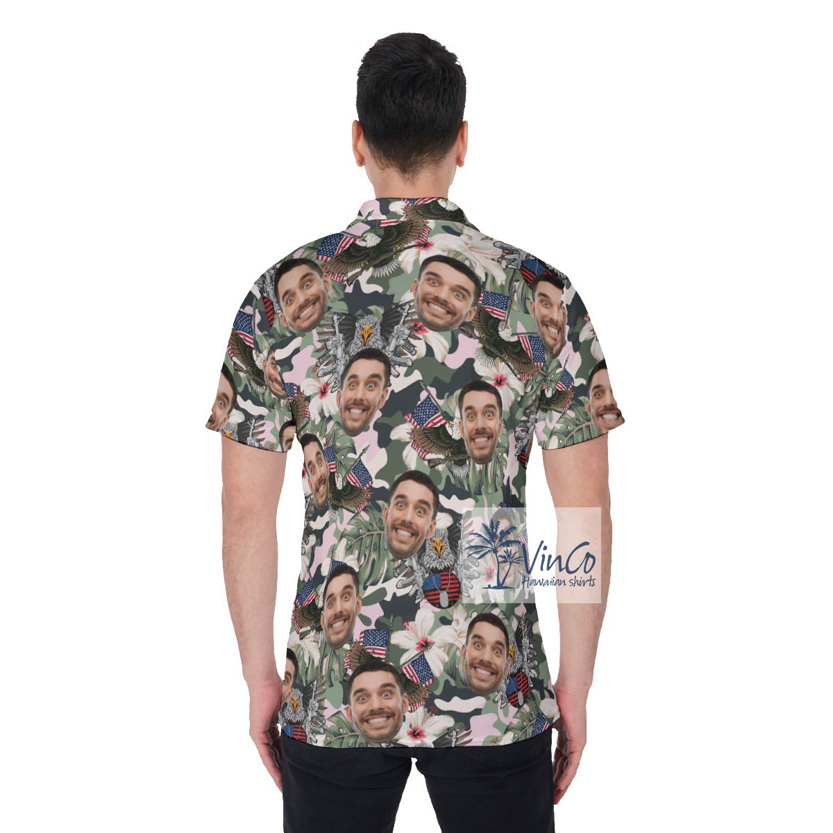 Custom Face American Eagle Hibiscus Hawaiian Polo Shirt