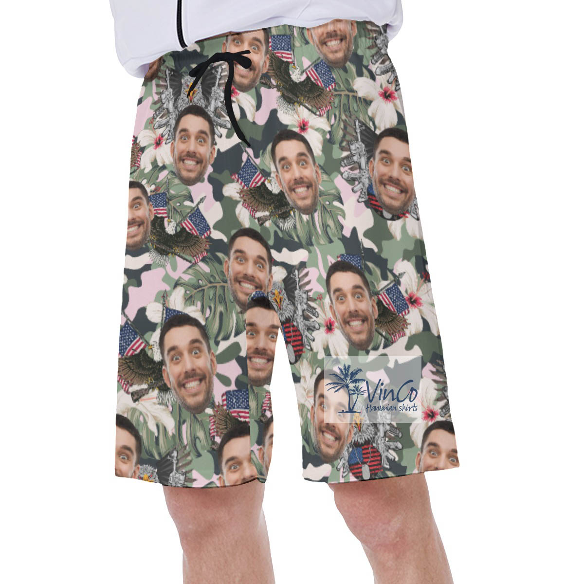 Tactical American Eagle Hibiscus Hawaiian Swim Trunks With Custom Face