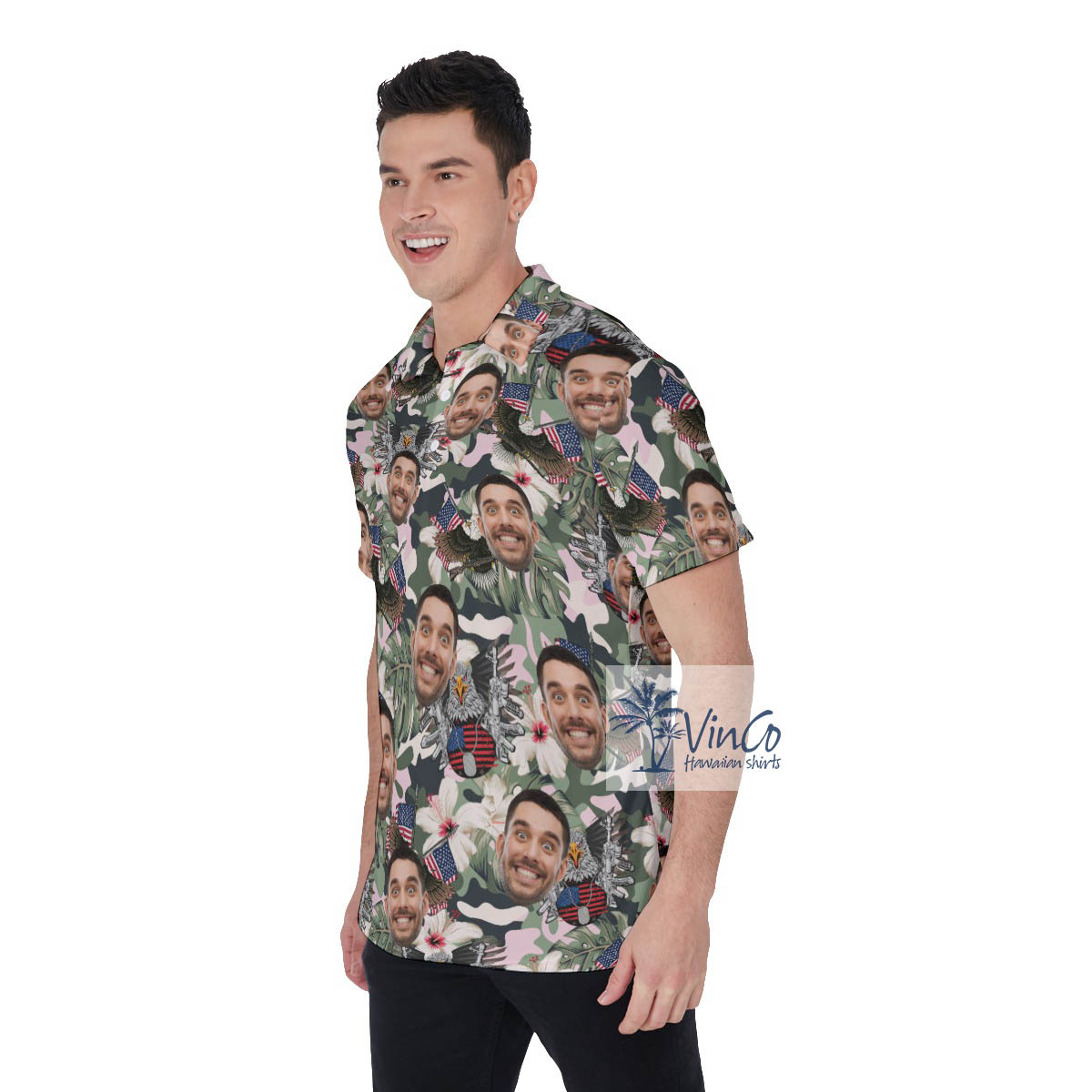 Custom Face American Eagle Hibiscus Hawaiian Polo Shirt