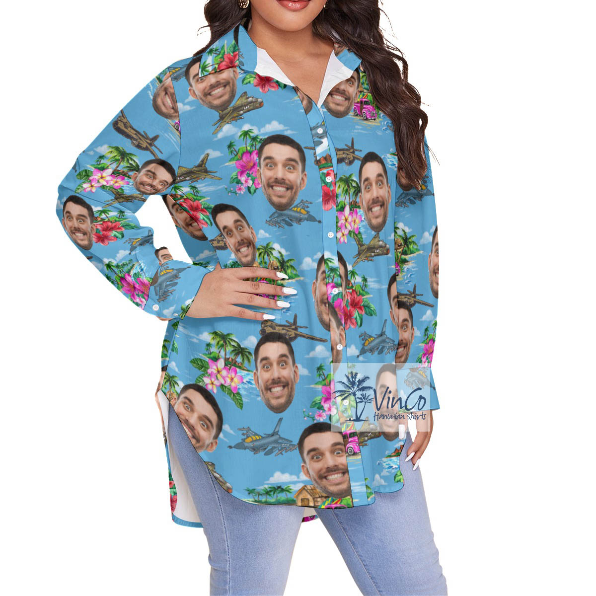 Cool Fighter Planes Tropical Hawaiian Blouse Shirt With Custom Face
