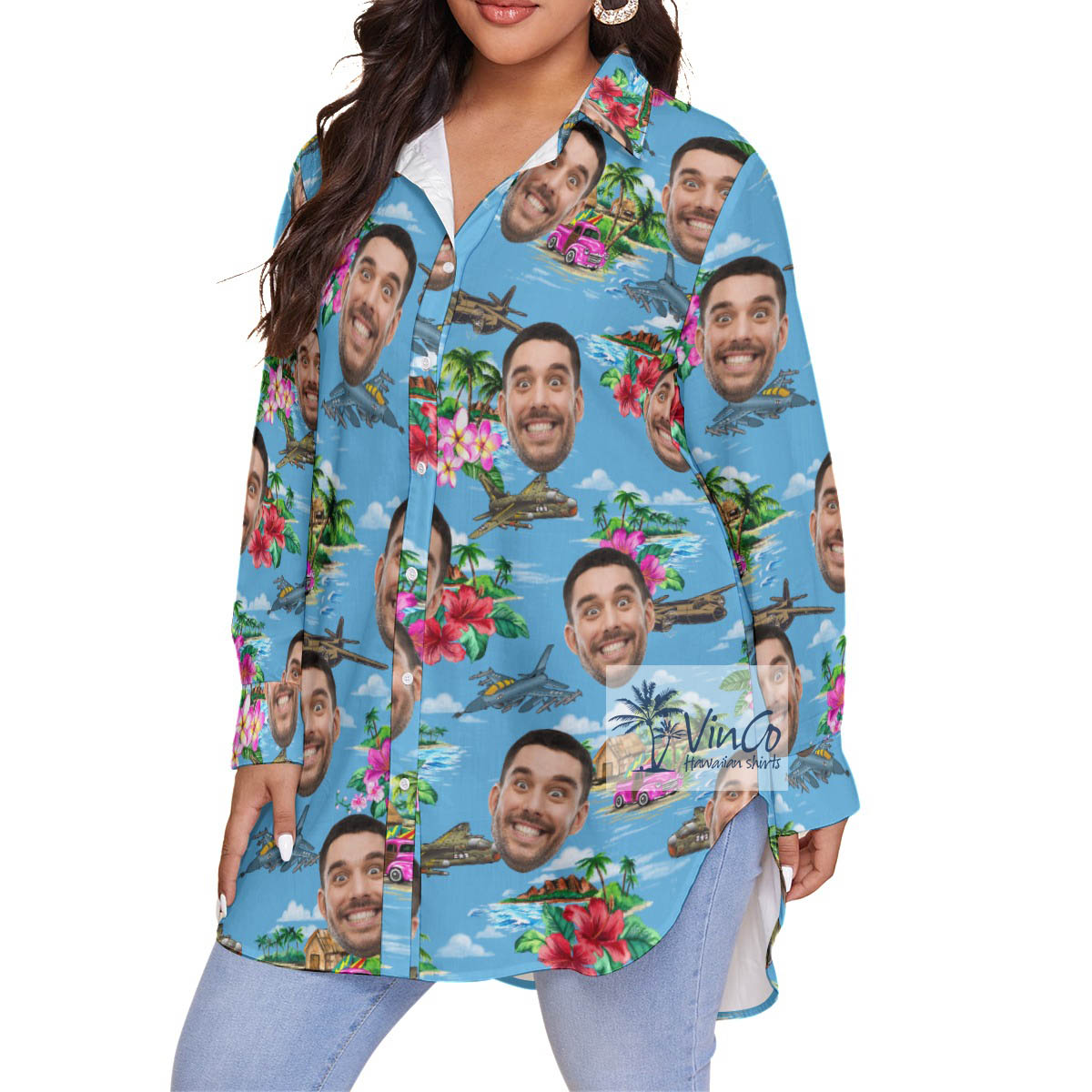 Cool Fighter Planes Tropical Hawaiian Blouse Shirt With Custom Face