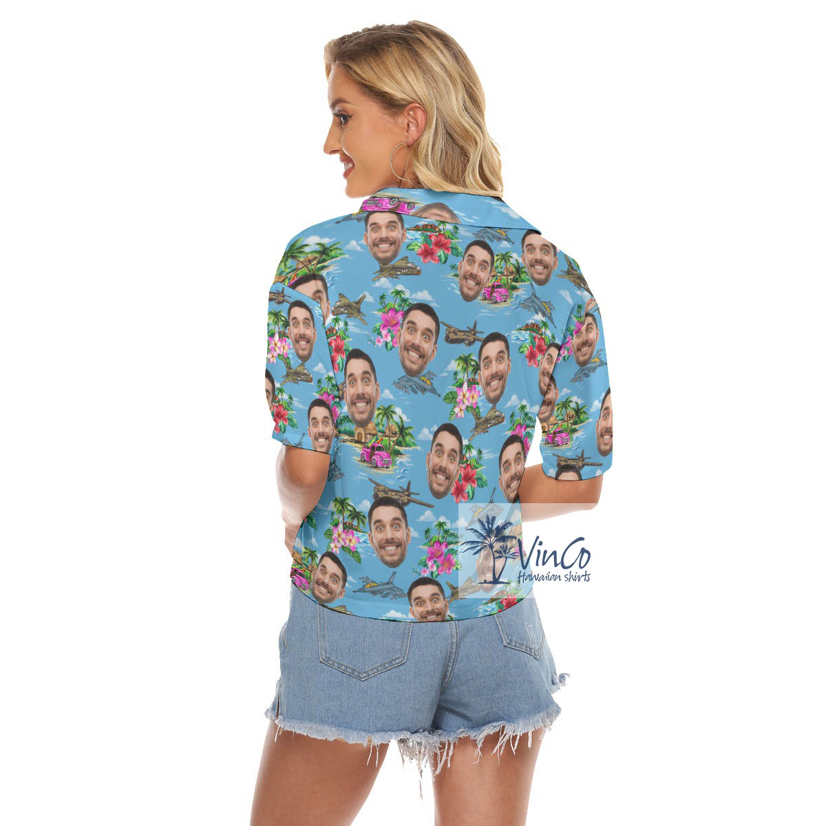 Funny Custom Face Tropical Airplanes Blue Hawaiian Crop Top Shirt