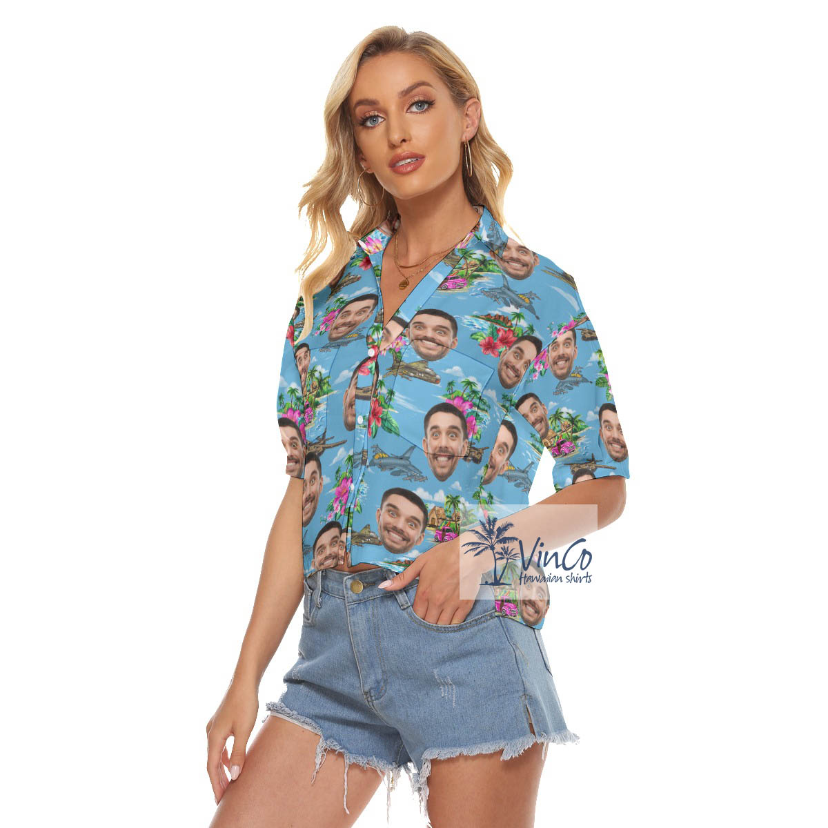 Funny Custom Face Tropical Airplanes Blue Hawaiian Crop Top Shirt