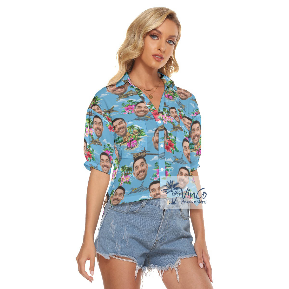 Funny Custom Face Tropical Airplanes Blue Hawaiian Crop Top Shirt