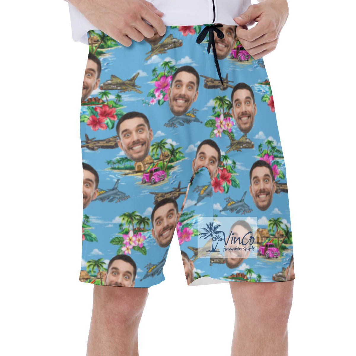 Custom Tropical Fighter Planes Hawaiian Swim Trunks With Face