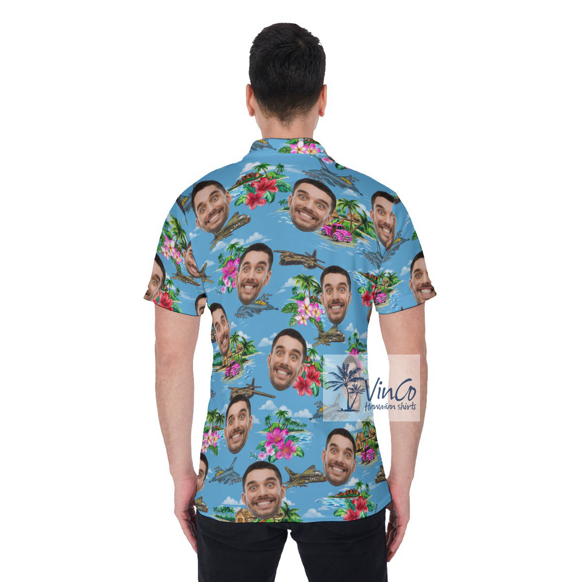 Tropical Islands Airplanes Blue Hawaiian Polo Shirt With Custom Face