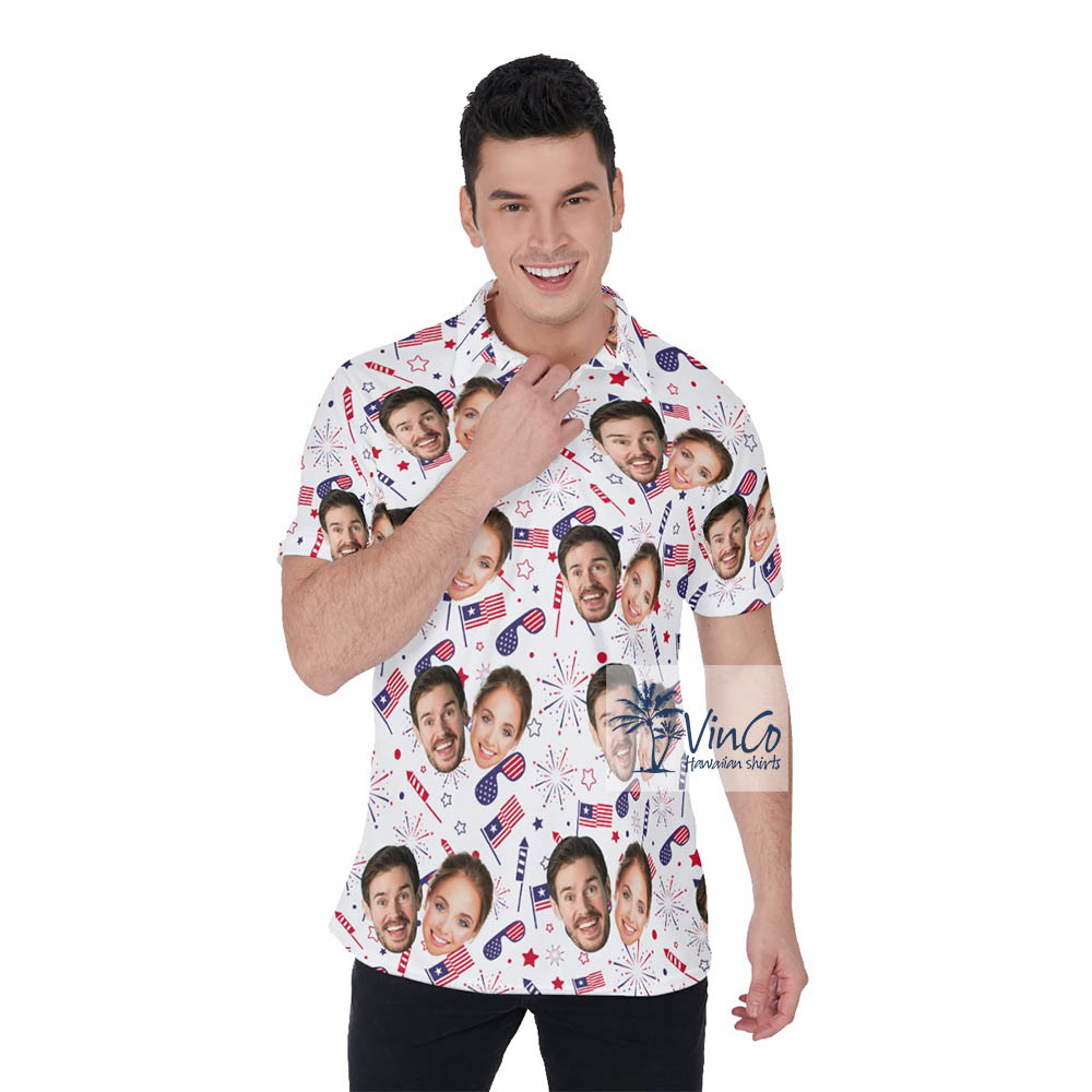 Custom Couple Picture 4th Of July Hawaiian Polo Shirt For Men - variant image 1