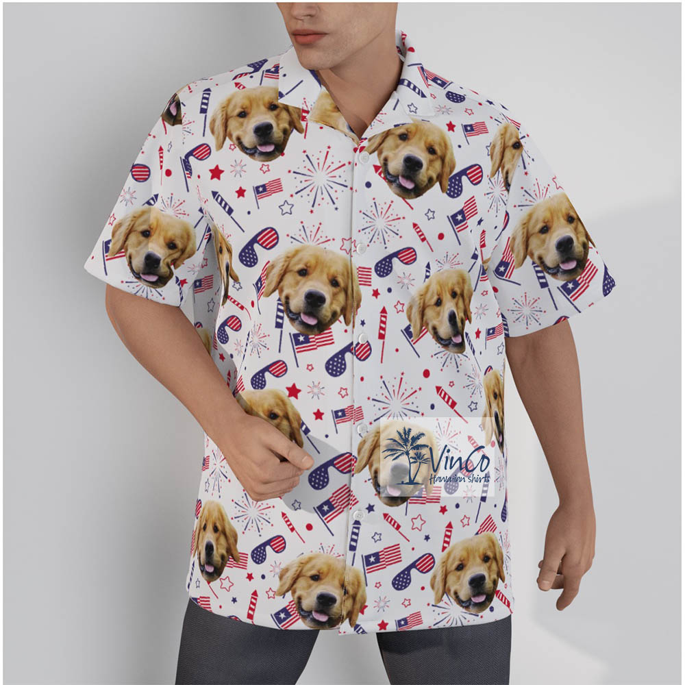 Unique Custom Pet Face Patriotic Hawaiian Shirt With Firework USA Flag - variant image 1
