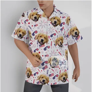 Unique Custom Pet Face Patriotic Hawaiian Shirt With Firework USA Flag