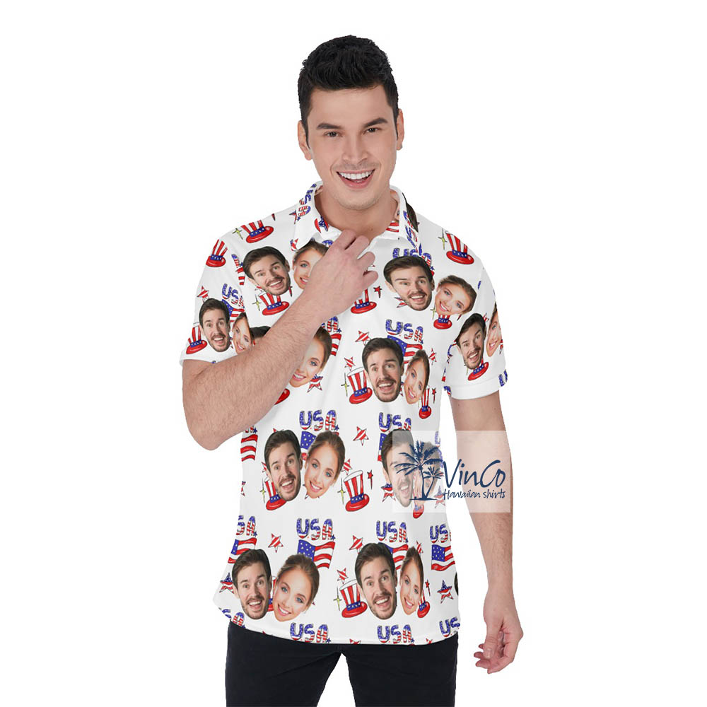 Upload Couple Faces Hawaiian Polo Golf Shirt 4th Of July - variant image 1