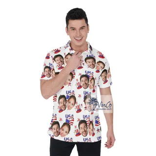 Upload Couple Faces Hawaiian Polo Golf Shirt 4th Of July