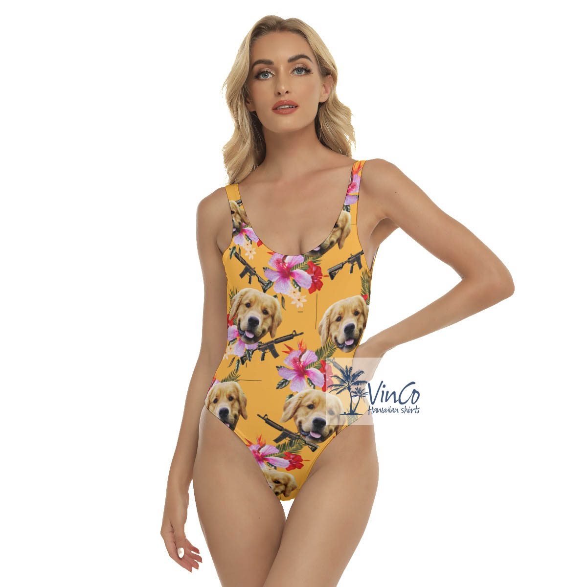 Funny Custom Dog Floral Gun Yellow Hawaiian Swimsuit For Summer - variant image 1