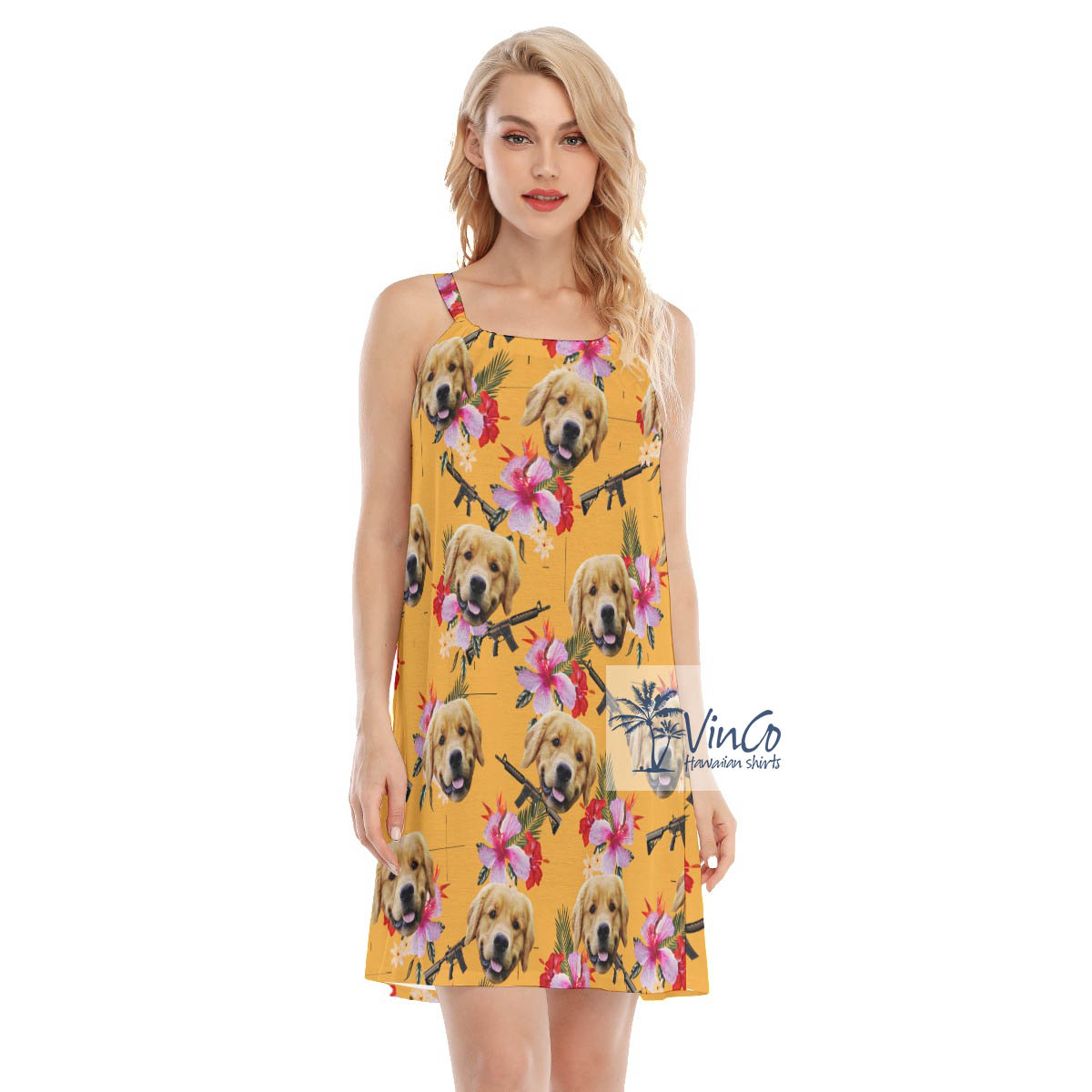 Yellow Floral Gun Hawaiian Cami Dress With Custom Dog Face - variant image 1