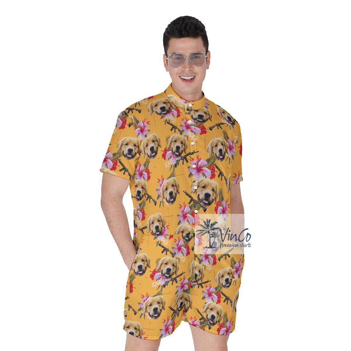 Custom Dog Face Gun Hawaiian Romper For Men - variant image 1