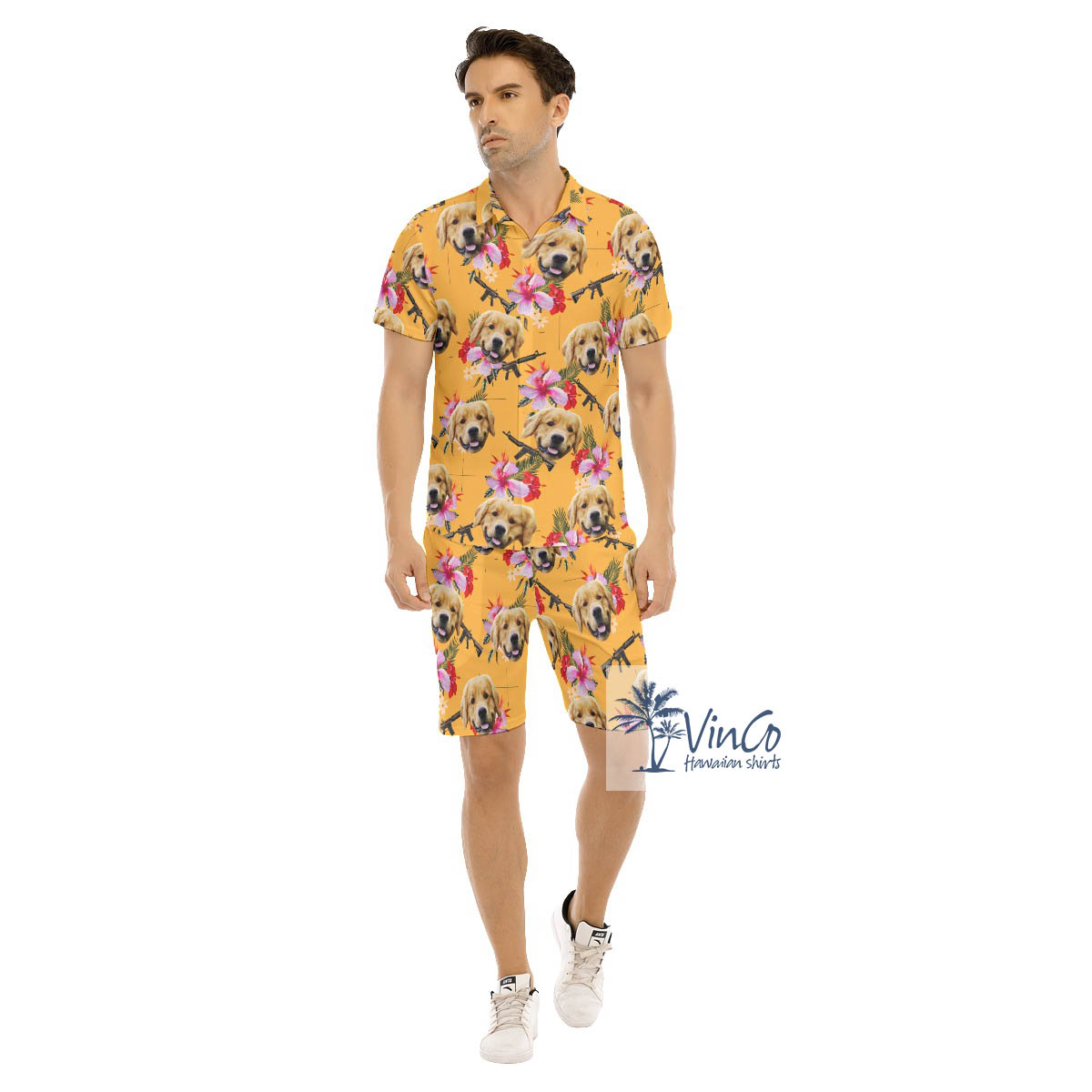 Custom Dog Face Gun Floral Hawaiian Shirt And Matching Shorts For Men - variant image 1
