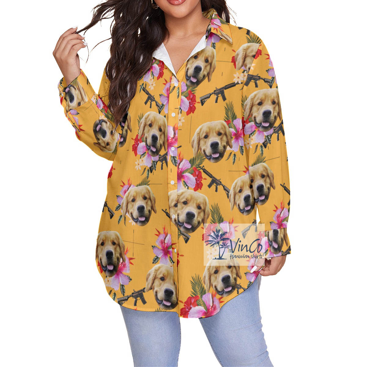 Custom Floral Gun Yellow Hawaiian Plus Size Shirt With Dog Face - variant image 1