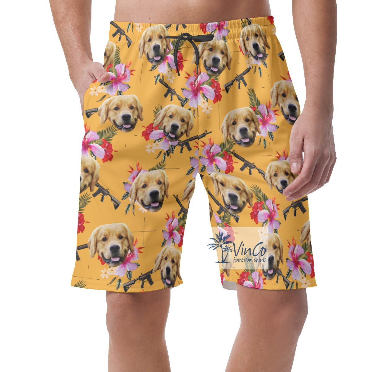 Yellow Floral Gun Hawaiian Beach Shorts With Custom Dog Face - variant image 1