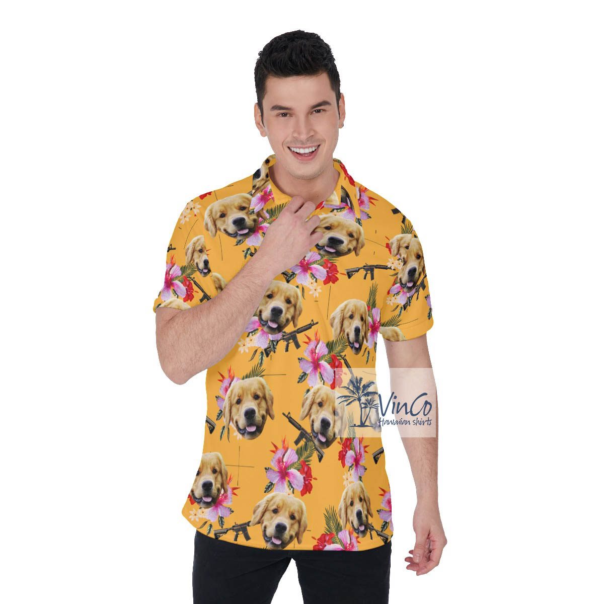 Custom Floral Gun Yellow Hawaiian Polo Shirt With Dog Face - variant image 1