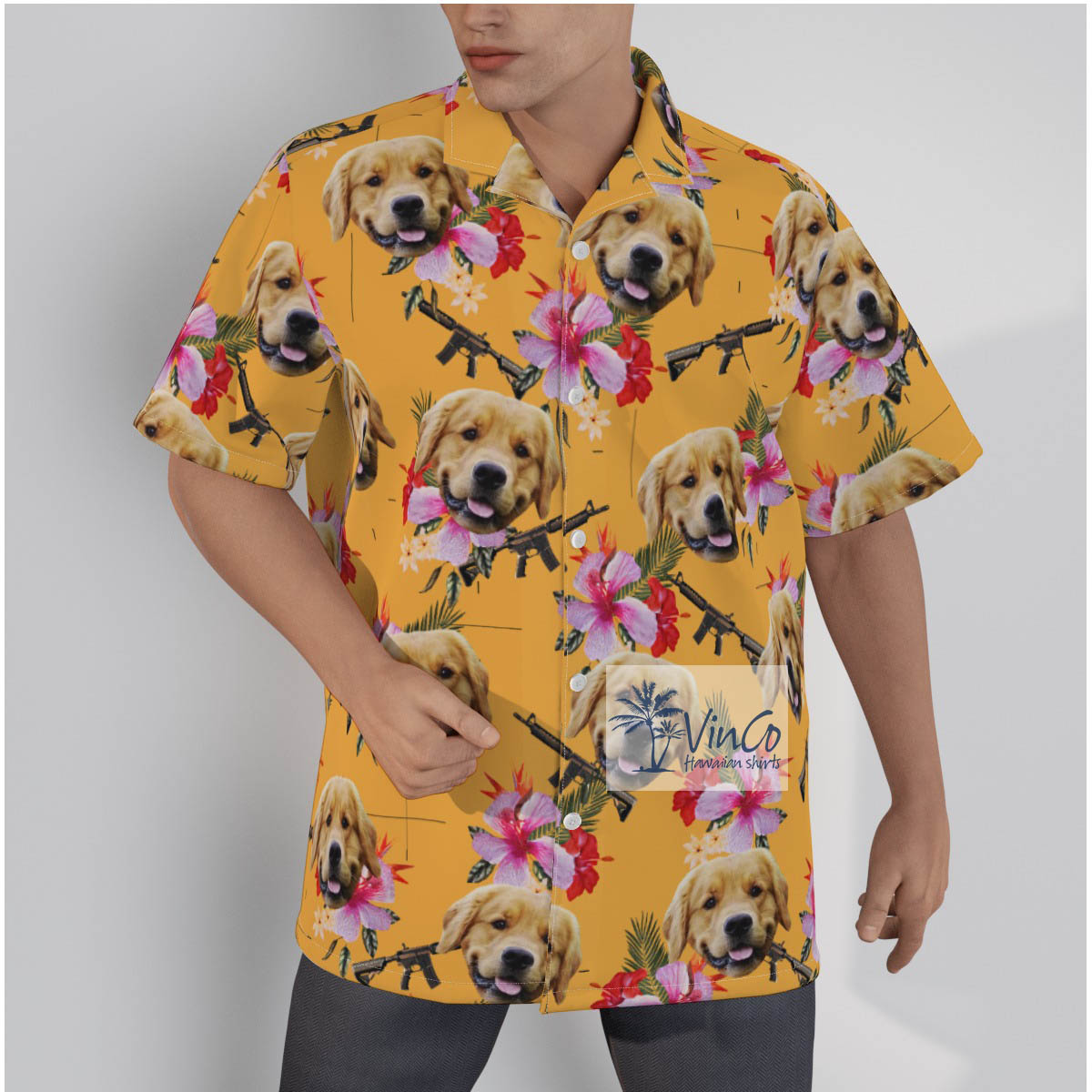 Custom Dog Face Floral Gun Hawaiian Shirt - variant image 1