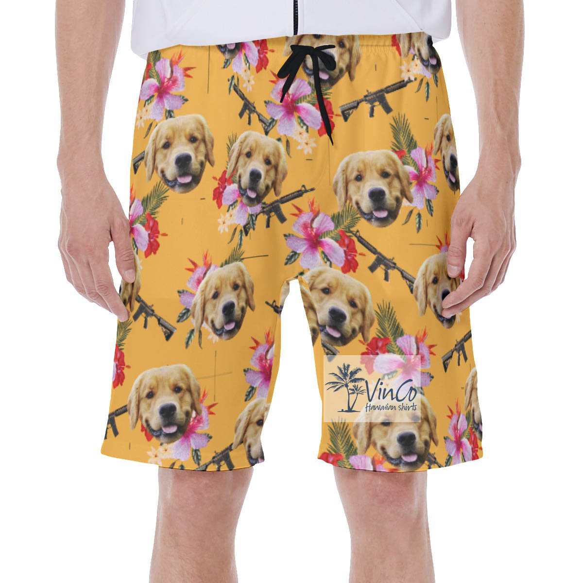 Custom Gun Floral Hawaiian Swim Trunks With Dog Face - variant image 1