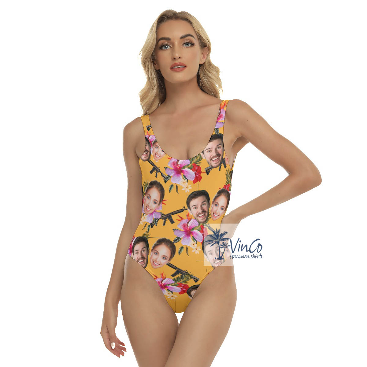 Funny Custom Face Floral Gun Hawaiian Swimsuit - variant image 1