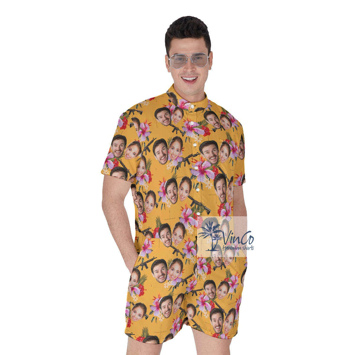 Floral Gun Custom Face Yellow Hawaiian Romper For Men - variant image 1
